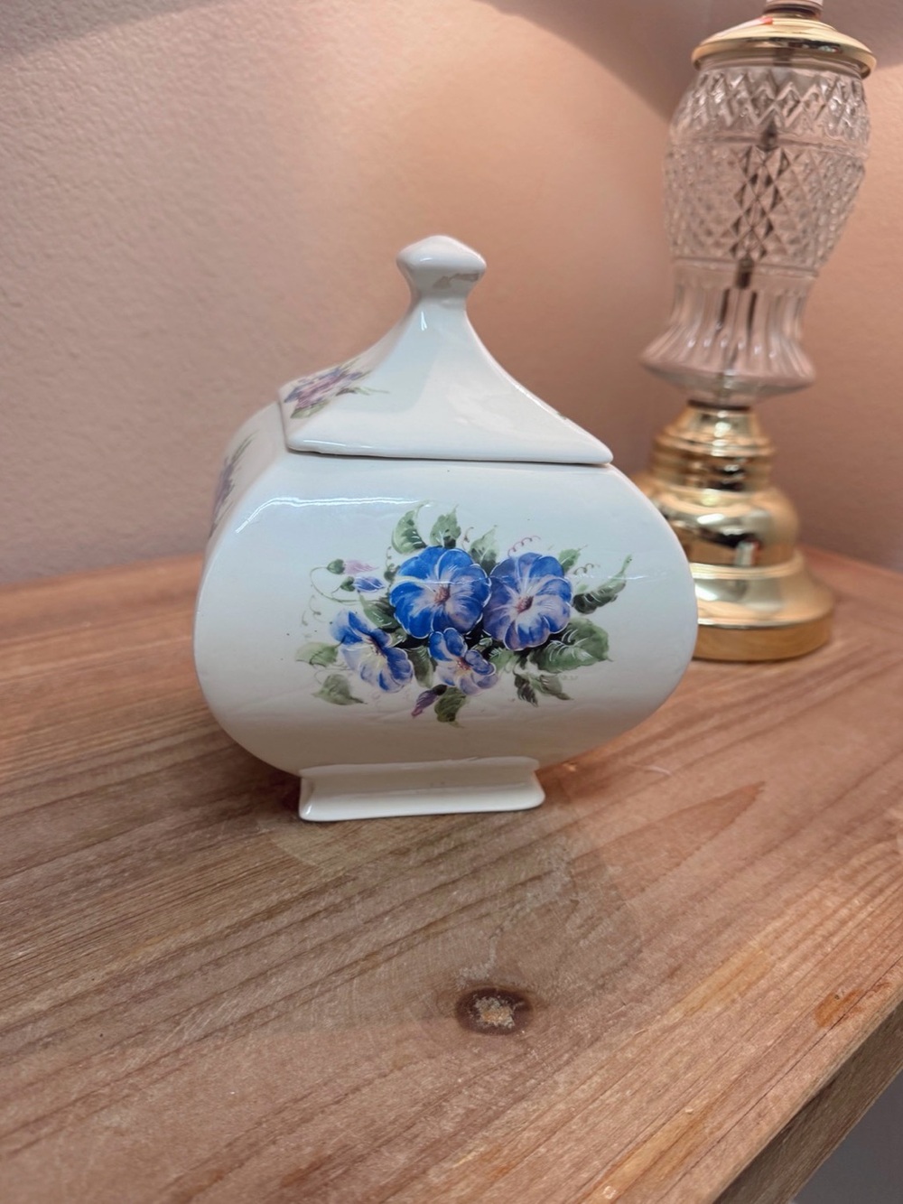 Antique White Porcelain Trinket Box with Blue Floral Design